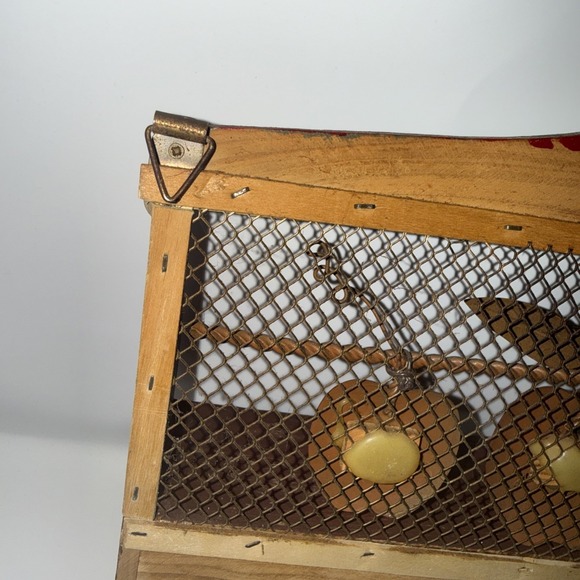 Vintage Ganz Distressed Wood Red Metal Apple Shelf w 3 Hanging Pegs Wire Mesh - Picture 9 of 14